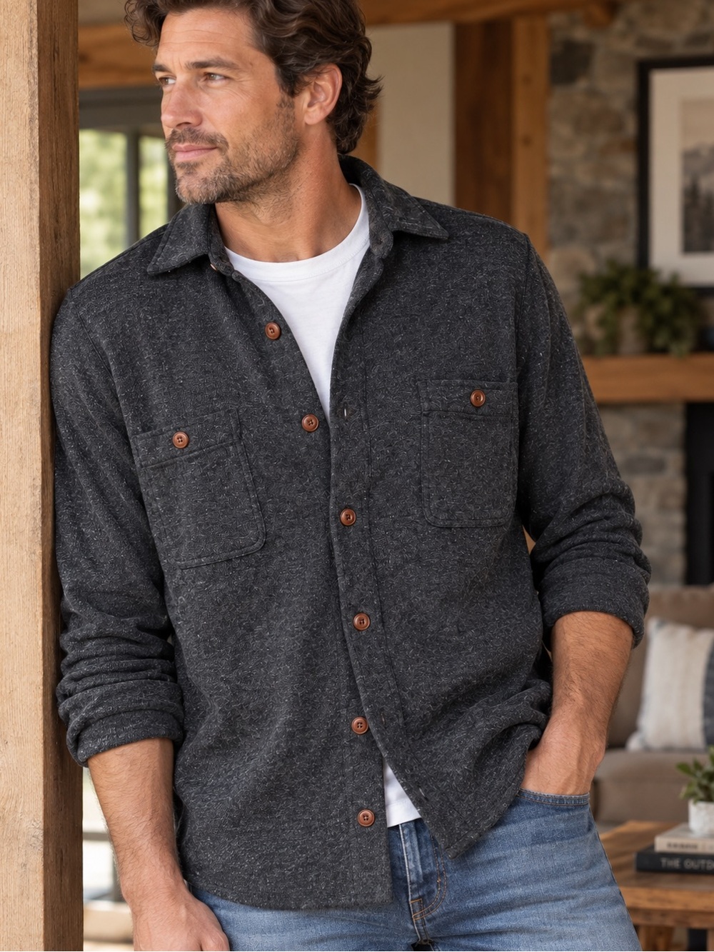Faherty Knit Alpine Shirt Jacket Men’s L Charcoal Organic Cotton Stretch Shacket